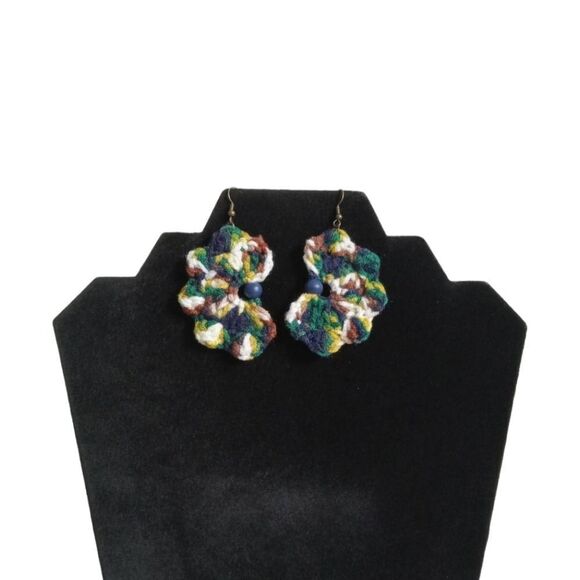 Handmade Multicolored Acrylic Lightweight Crochet Half Flower Dangle Earrings - Picture 1 of 9